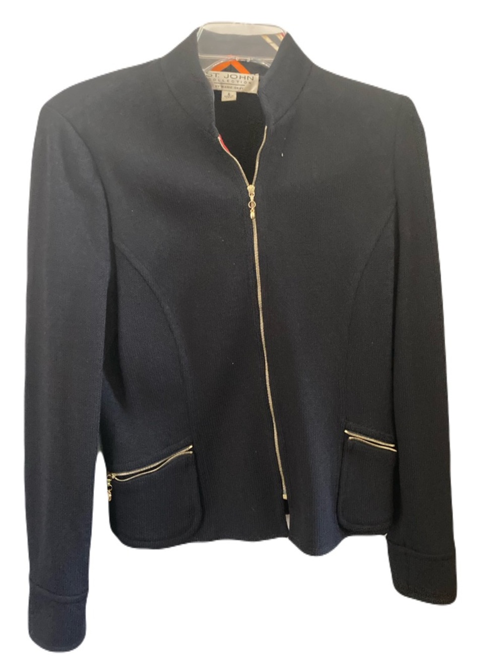 St. John Black Knit Zip-Front Blazer with Gold Zippers